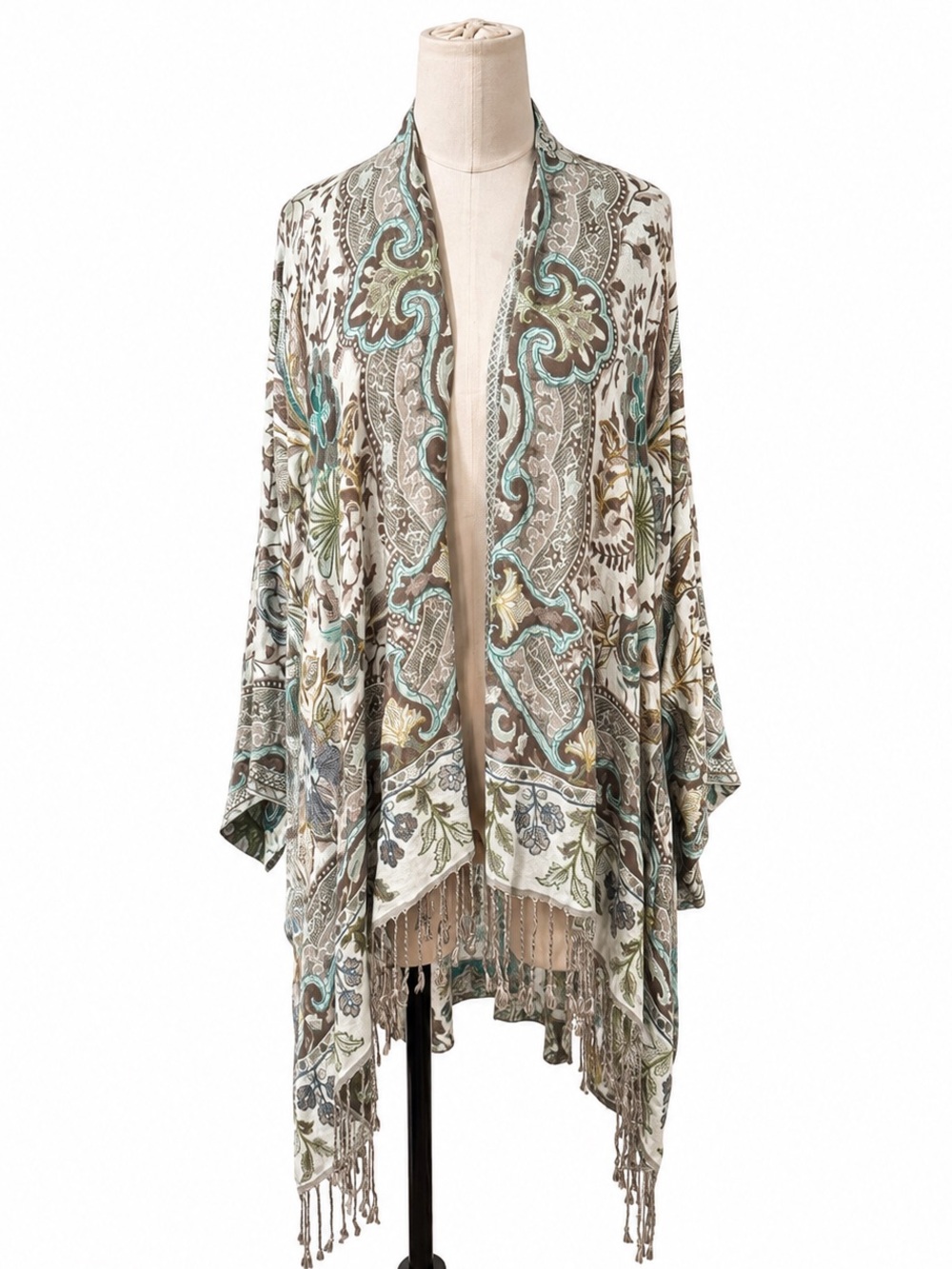 Patterns Bay 100% Rayon Boho Paisley Floral Fringe Kimono Wrap One Size